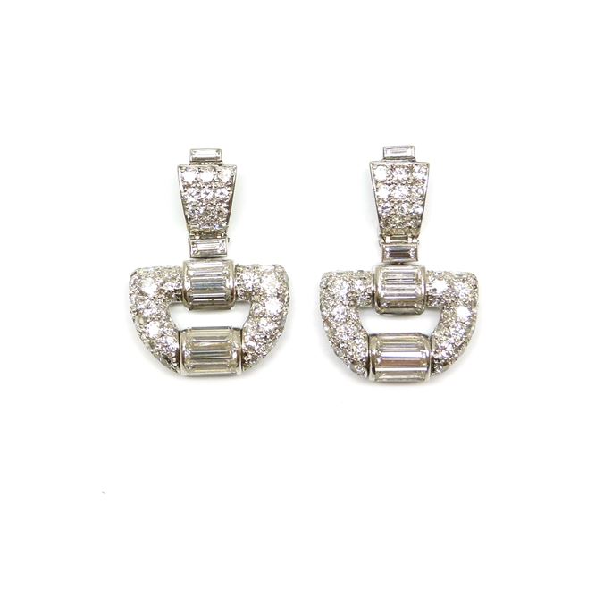 Pair of diamond buckle motif pendant earrings, Cartier Paris, | MasterArt